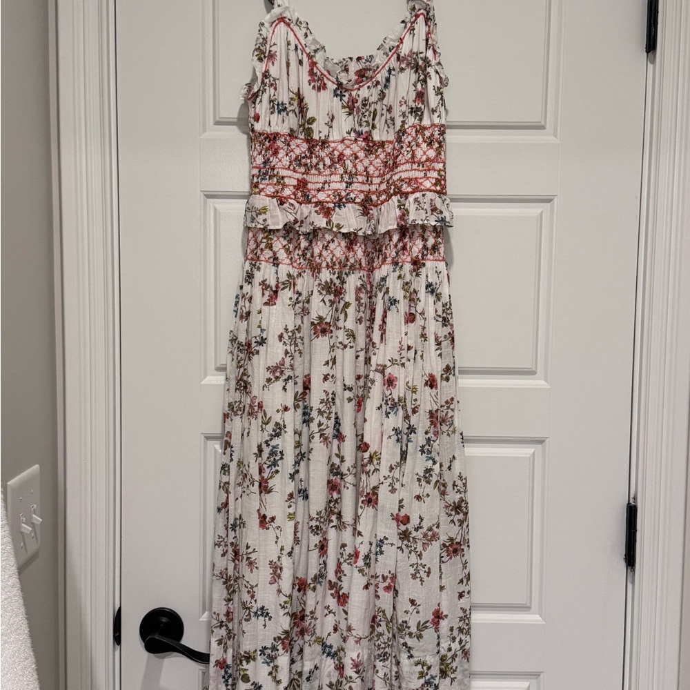 Anthropologie White Maxi Dress with Pink and Green Floral Print